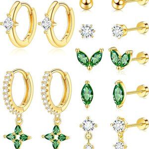 Gold Flat Back Stud Earrings Set for Women Men with Hypoallergenic Zirconia